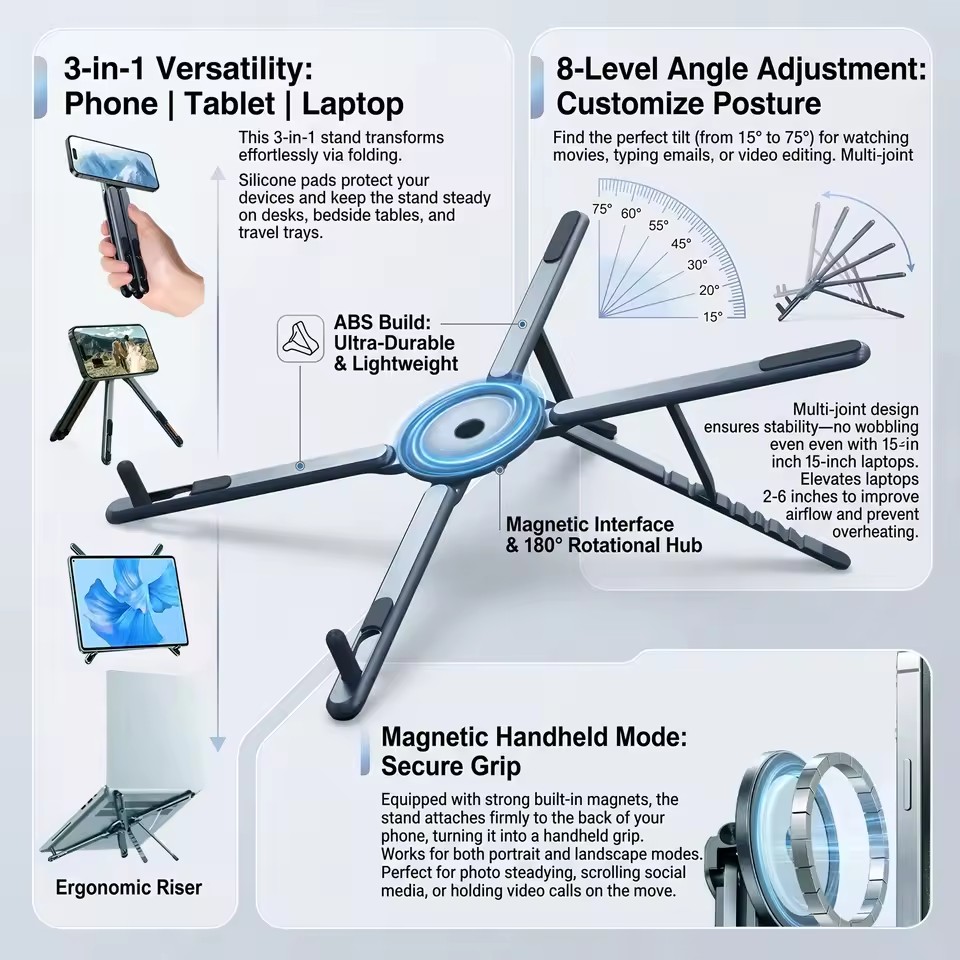 Laptop Ergonomic Accessories - Tragbarer magnetischer Telefonhalter & Selfie-Stick 3-in-1