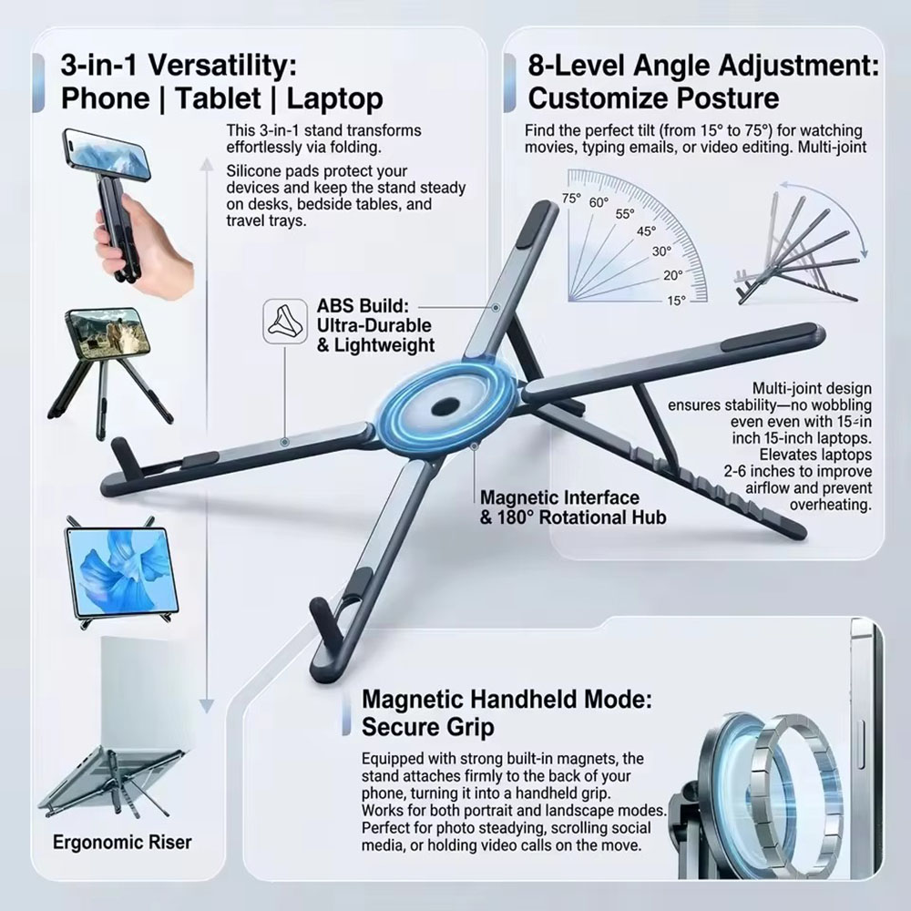 Laptop Ergonomic Accessories - Tragbarer Magnetischer Handyhalter & Selfie-Stick 3-in-1